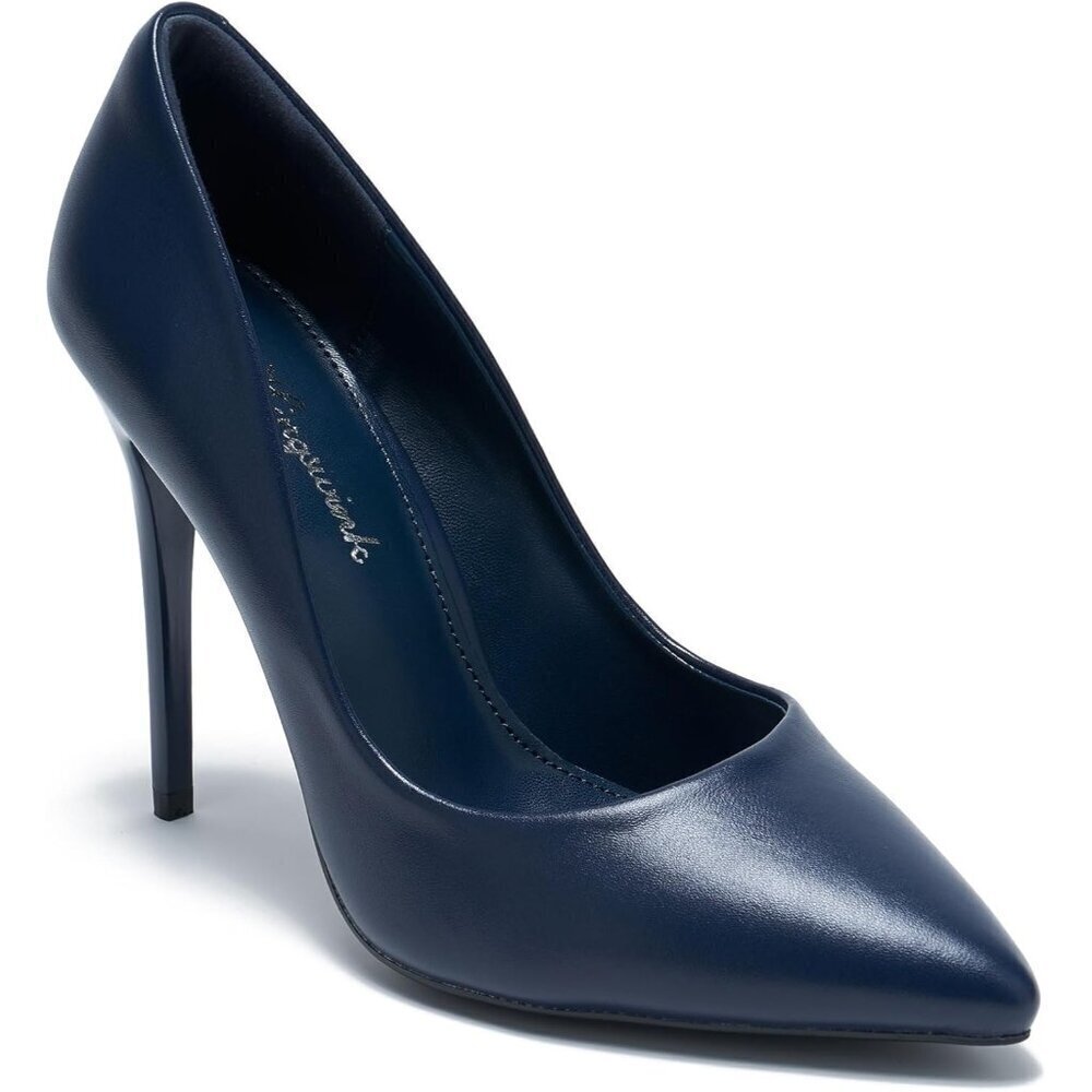 Womens Navy Polyurethane (PU) Pointed Closed Toe Slip On Heels Leather Pumps